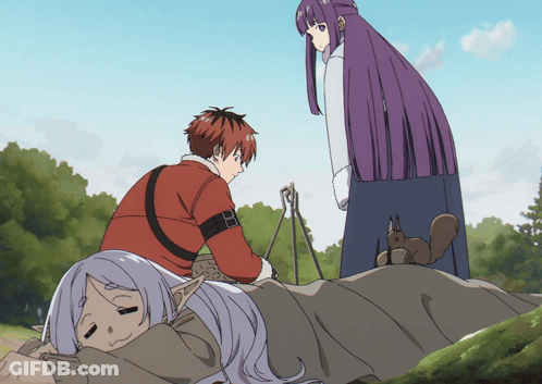 Anime Girl Laying On Rock With Group GIF