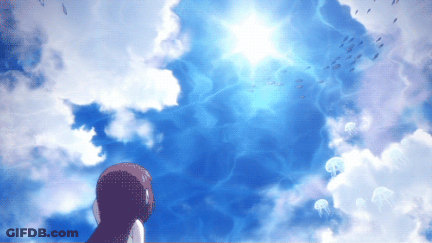 Anime Girl Watching Sea Creatures Fly In Sky GIF