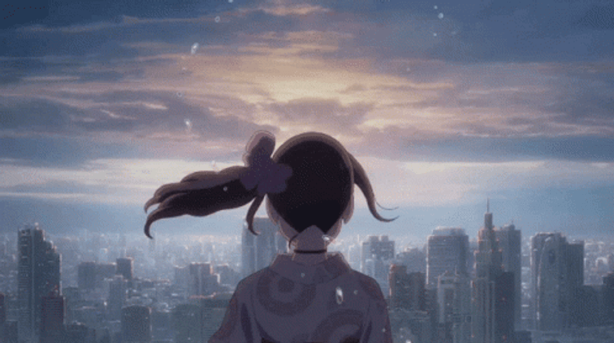 Anime Girl Watching Sunrise At Sky GIF