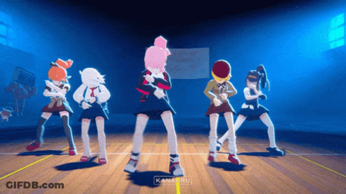 Anime Girls Dancing In Front Of Welcome To The School Sign GIF