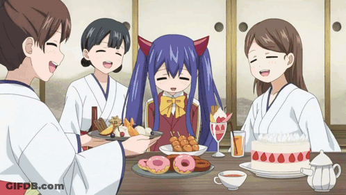 Anime Girls Gathering Around Food GIF