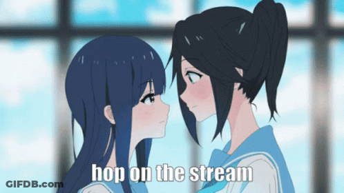 Anime Girls Looking At Each Other Hop On The Stream GIF