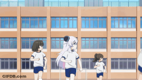Anime Girls Running In Front Of Building GIF