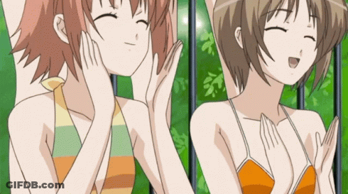 Anime Girls Standing With Hands On Faces GIF