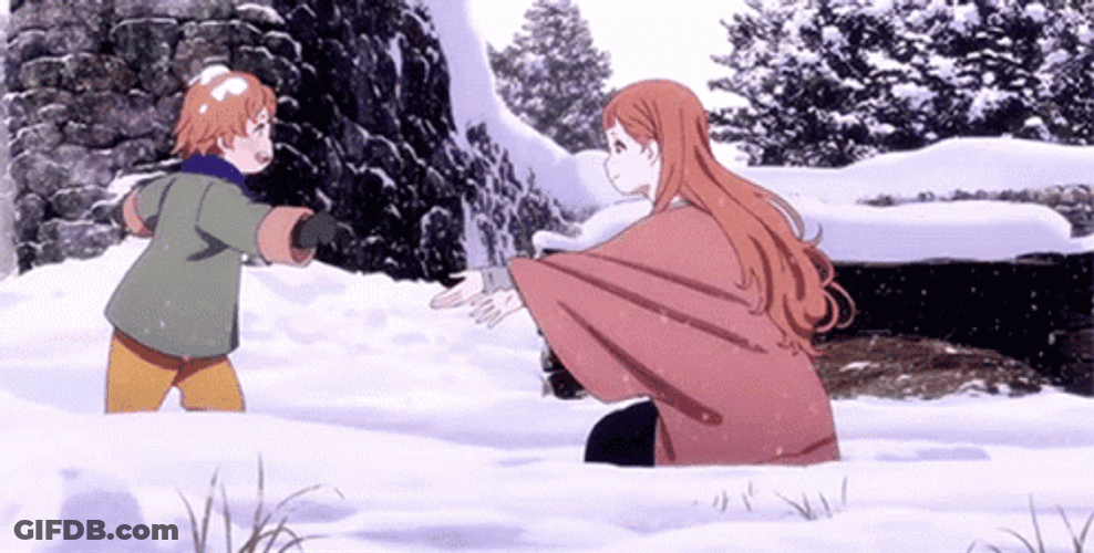 Anime Maquia Hugging In Cold Winter Snow GIF