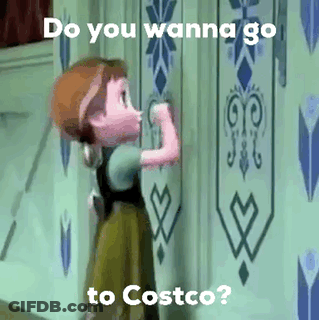 Anna From Frozen Is Knocking On A Door With The Words `` Do You Wanna Go To Costco '' Written On It . GIF