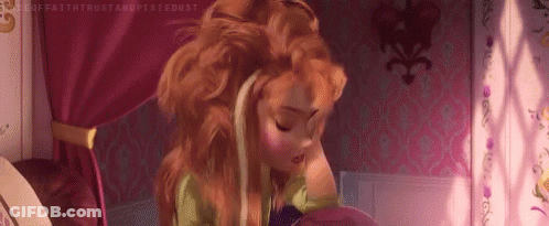 Anna From Frozen Is Sitting On A Bed With Her Eyes Closed And Her Hair In A Ponytail . GIF