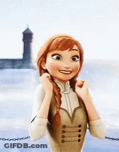 Anna From The Movie Frozen Is Smiling And Holding Her Hair In A Braid . GIF