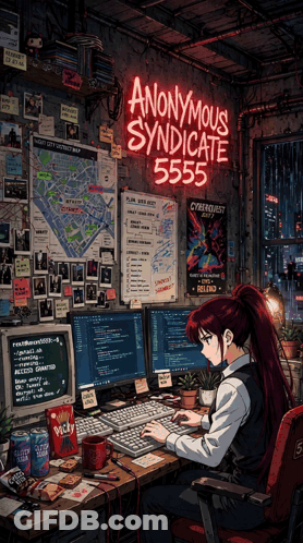 Anonymous Syndicate 5555 Poster Girl Working On Computer GIF
