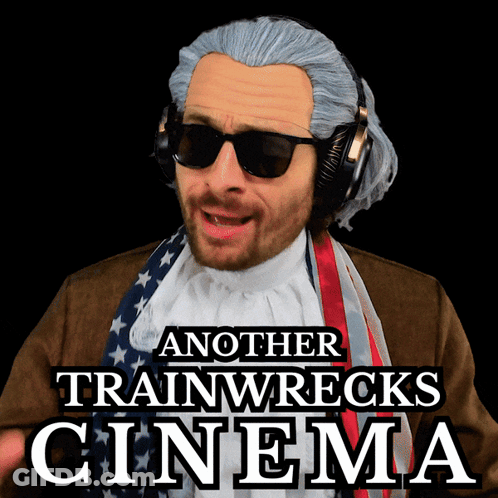 Another Trainwrecks Cinema Poster With A Man In A Wig And Sunglasses GIF