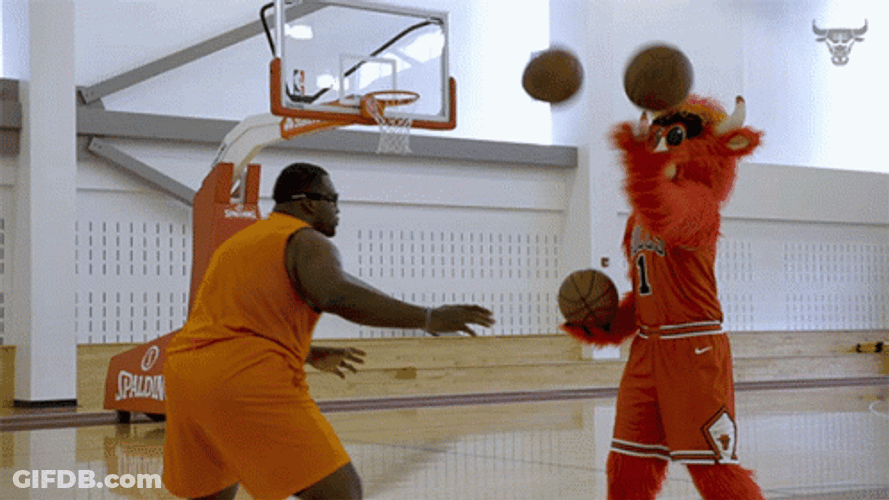 Anthony Adams With A Joggling Mascot GIF