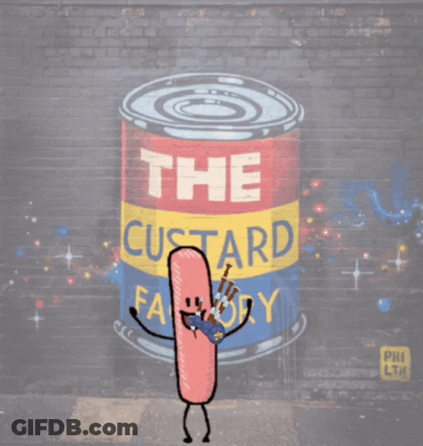 Anthropomorphic Sausage With Custard Factory Can GIF