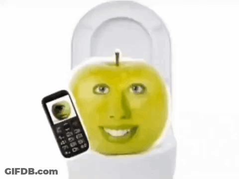 Apple Face Sitting On Toilet Next To Cellphone GIF