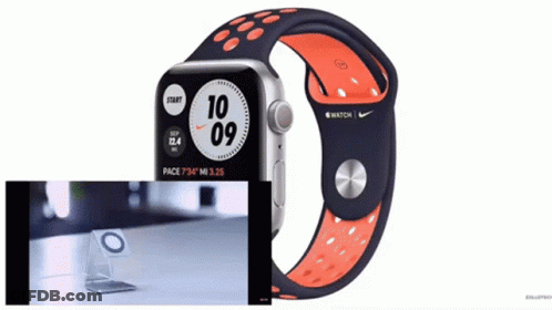 Apple Watch With Black And Orange Band Showing 10:10 GIF