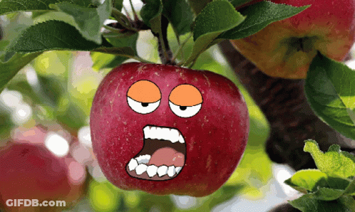 Apple With Face Hanging From Tree GIF