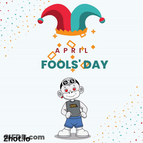 April Fools Day Poster With Monkey In Sunglasses And Jester Hat GIF