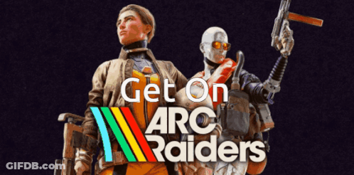 Arc Raiders Poster Man And Robot Holding Guns GIF