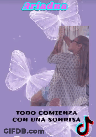 Ariadna Todo Comienza Con Una Sonrisa On A Purple Background With Butterflies GIF