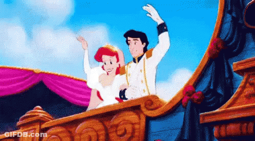 Ariel And Prince Eric Waving On Balcony GIF