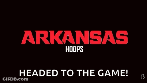 Arkansas Hoops Headed To The Game Written In Red On A Black Background GIF