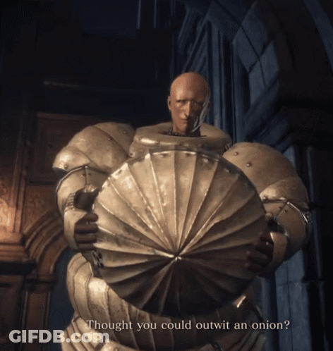 Armored Man With Shield Outwit An Onion GIF
