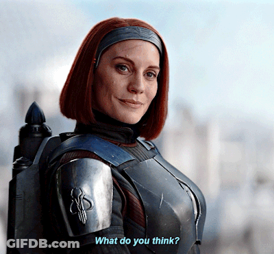 Armored Woman Says What Do You Think Blue Letters GIF