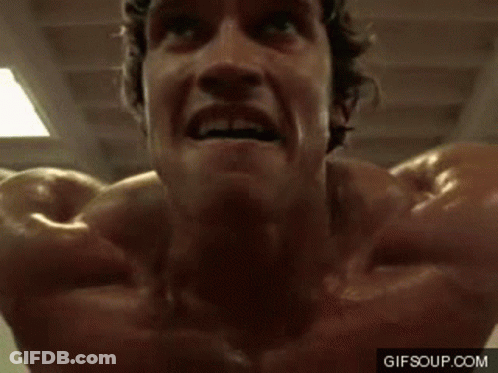 Arnold Schwarzenegger Flexing In Gym Looking At Camera GIF