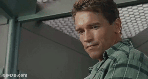 Arnold Schwarzenegger In Plaid Shirt Looking At Camera GIF