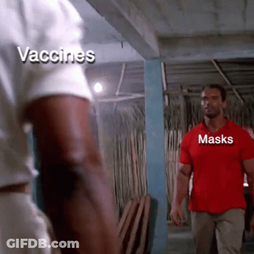 Arnold Schwarzenegger In Red Shirt Vaccines And Masks GIF