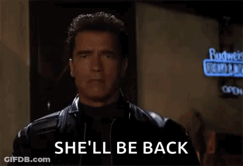 Arnold Schwarzenegger In Sunglasses And Leather Jacket Saying She'll Be Back GIF