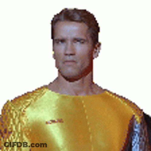 Arnold Schwarzenegger In Yellow Shirt With Sword GIF