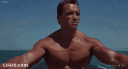 Arnold Schwarzenegger Is A Shirtless Man Standing In The Ocean . GIF