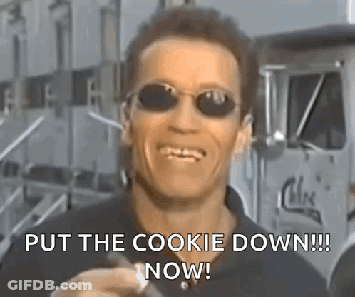 Arnold Schwarzenegger Is Wearing Sunglasses And Smiling While Saying " Put The Cookie Down Now " GIF