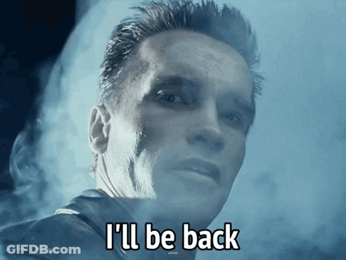 Arnold Schwarzenegger Says " I 'Ll Be Back " In Front Of A Blue Background GIF