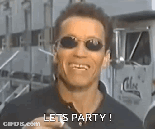 Arnold Schwarzenegger Smiling In Sunglasses Saying Lets Party GIF