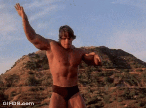 Arnold Schwarzenegger Standing In Front Of Mountain With Arms Outstretched GIF