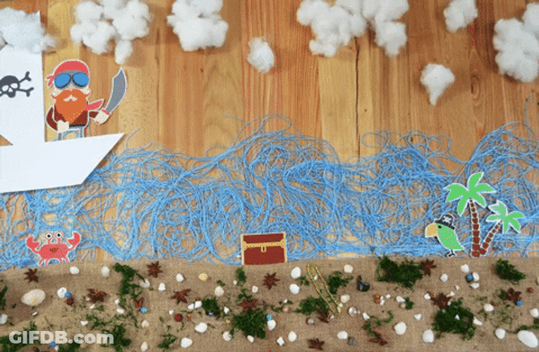 Artwork Of Sailing Pirate And Parrot On Beach GIF