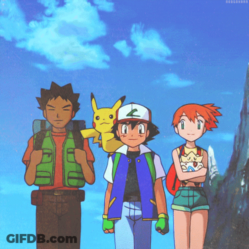 Ash And Misty Are Standing Next To Each Other With A Pikachu On Ash 'S Shoulders GIF