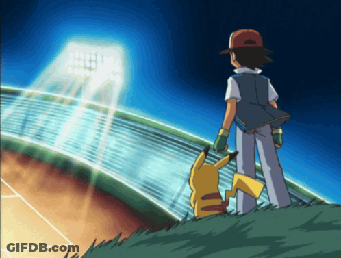 Ash And Pikachu Are Standing On A Hill Looking At A Stadium GIF
