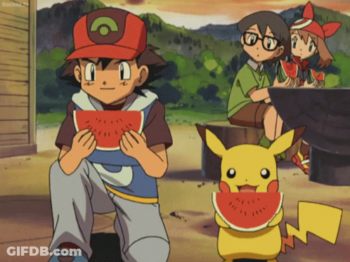 Ash And Pikachu Eating Watermelon GIF