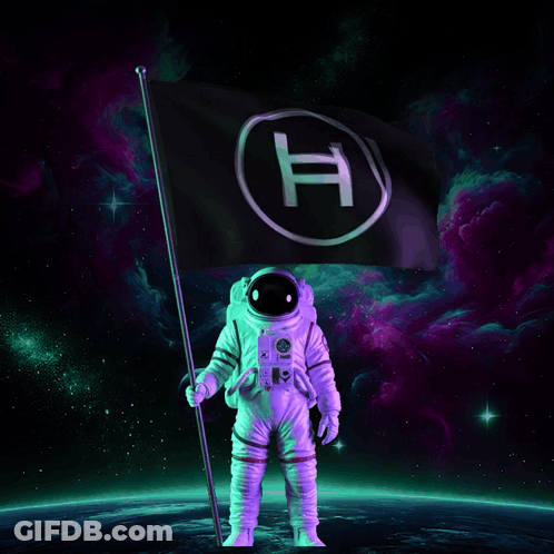 Astronaut Holding Black Flag With H In Circle GIF