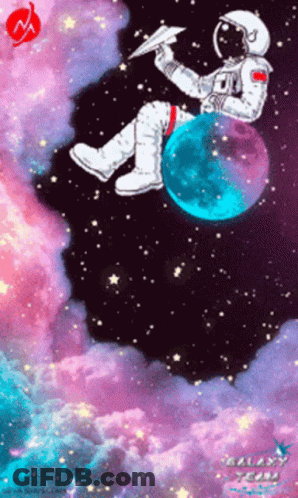 Astronaut Sitting On Planet Holding Paper Airplane GIF