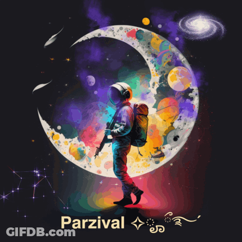 Astronaut Standing Before Colorful Crescent Moon GIF