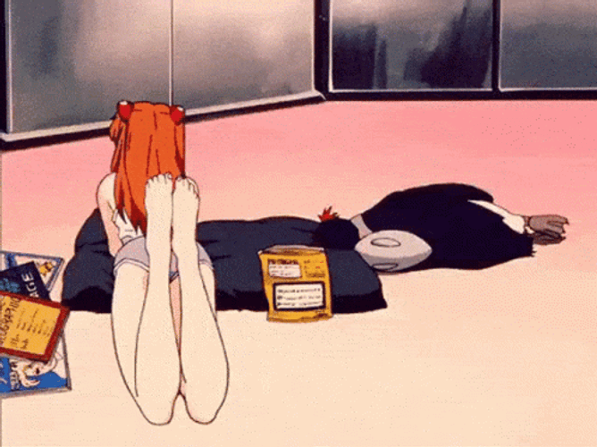 Asuka Evangelion Lying Down Snacking GIF