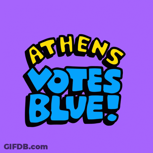Athens Votes Blue Is Written In Blue And Yellow On A Purple Background GIF
