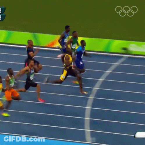 Athletes Running On Track With Omega Logo GIF