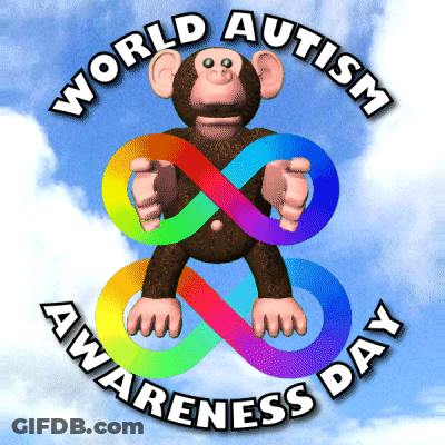 Autism Awareness Day Poster With Monkey And Rainbow Ribbons GIF