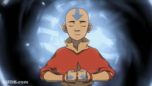 Avatar Aang Meditating In Front Of Blue Background Saying Closed Airbender Next Build GIF