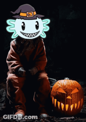 Axolotl In Witch Hat Next To Pumpkin GIF