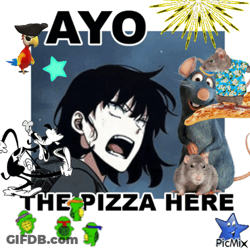 Ayo The Pizza Here Is Written On A Poster With Cartoon Characters GIF